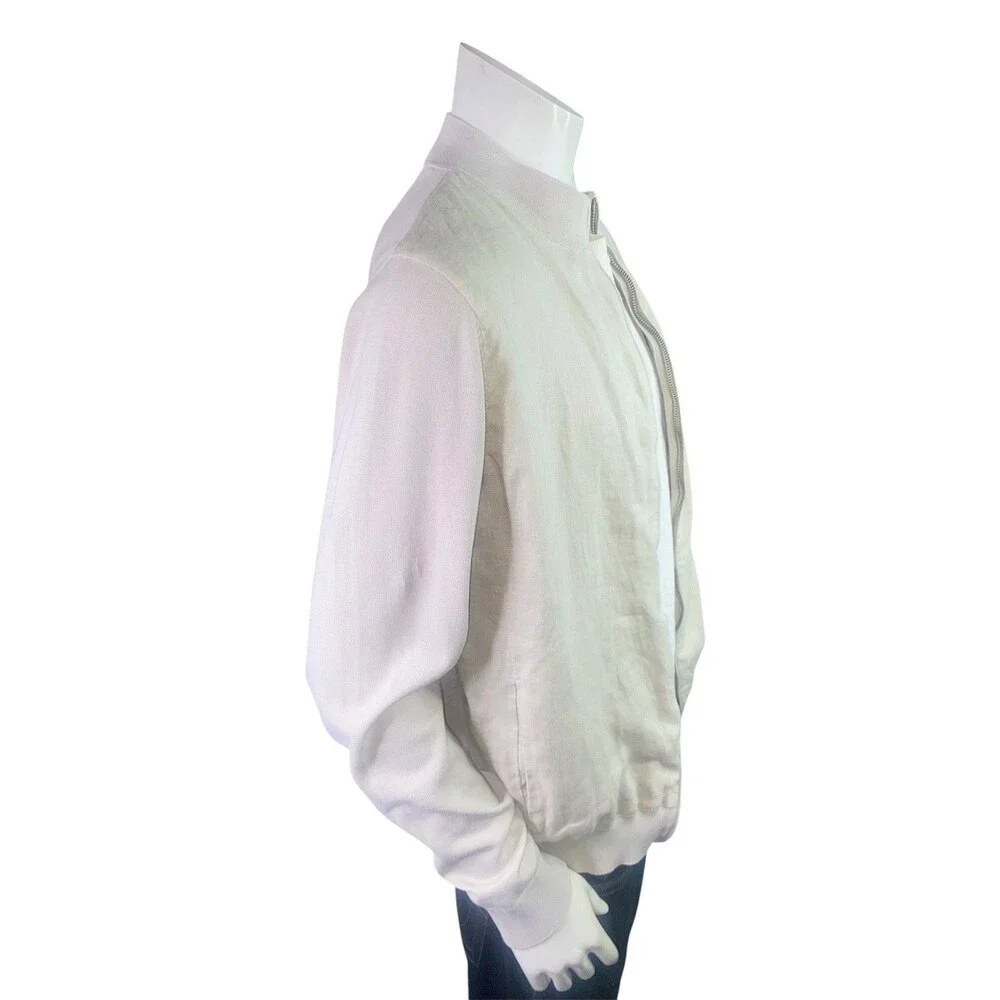 Adolfo Dominguez Men's XL Beige Full-Zip Knit Linen Hybrid Bomber Jacket Sweater